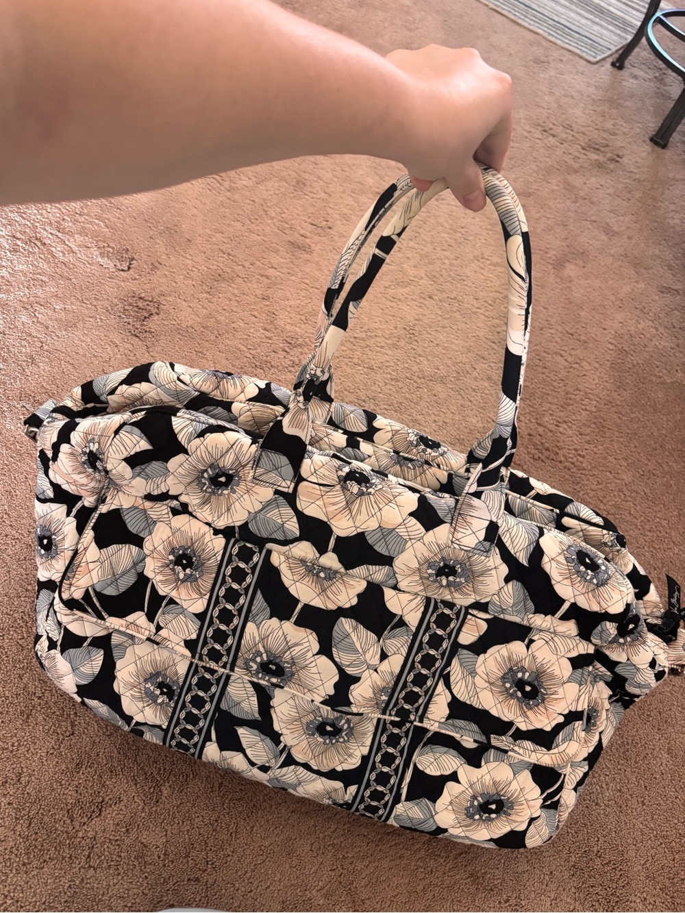 Vera Bradley retired “night and day” Black & white floral quilted travel duffle